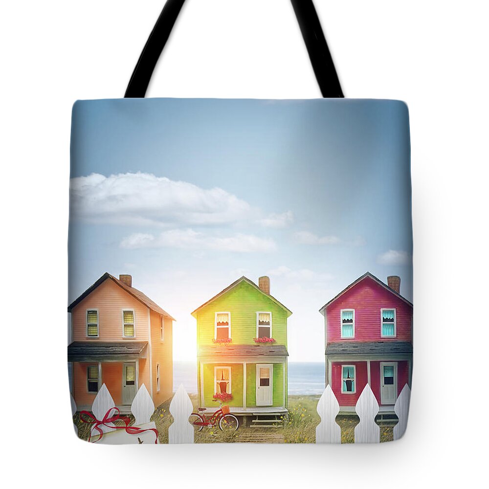 Atmosphere Tote Bag featuring the photograph Summer beach huts by the seashore by Sandra Cunningham