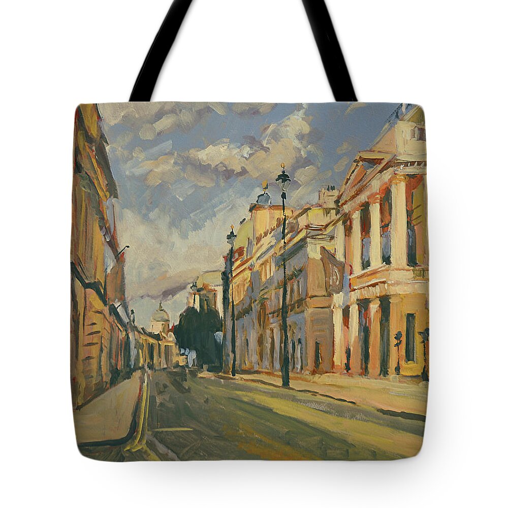 Warm Summer Tote Bag featuring the painting Summer evening Pall Mall London by Nop Briex
