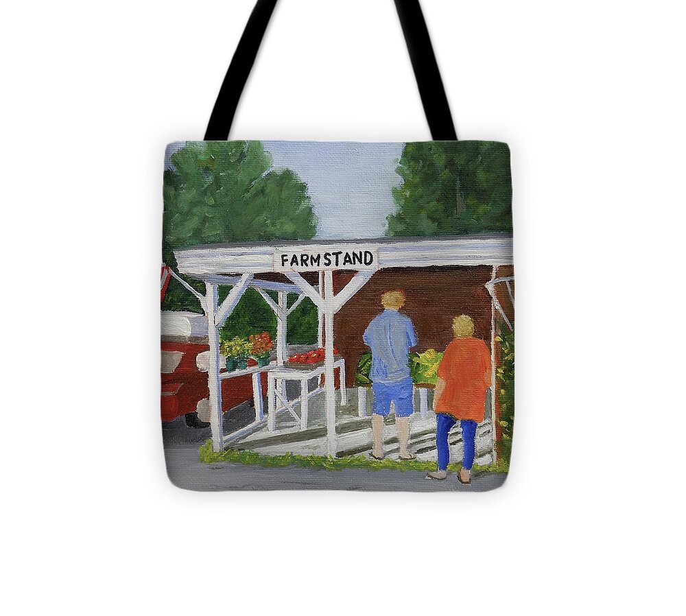Landscape Summer Farm Stand Vegetables Flowers American Flag Vacation Fruits Country Tote Bag featuring the painting Summer Farm Stand by Scott W White