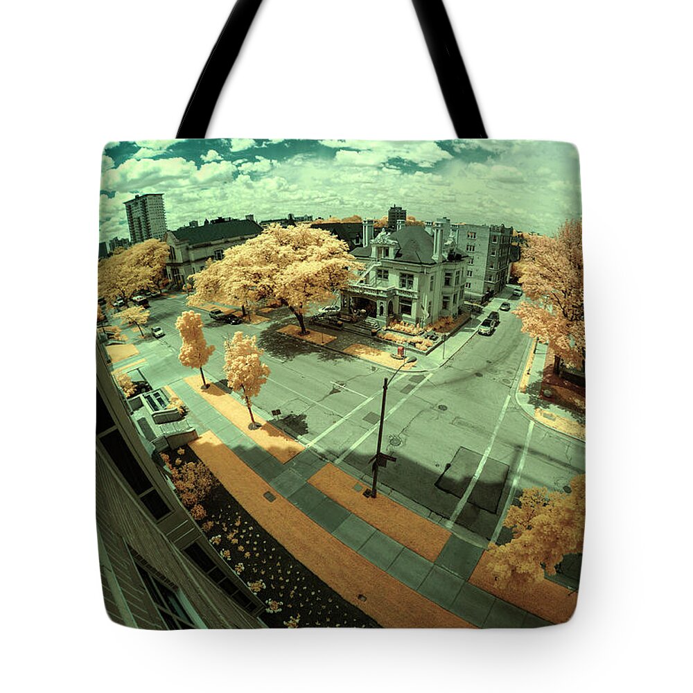 Infrared Tote Bag featuring the photograph Summer in the City #1 by John Roach