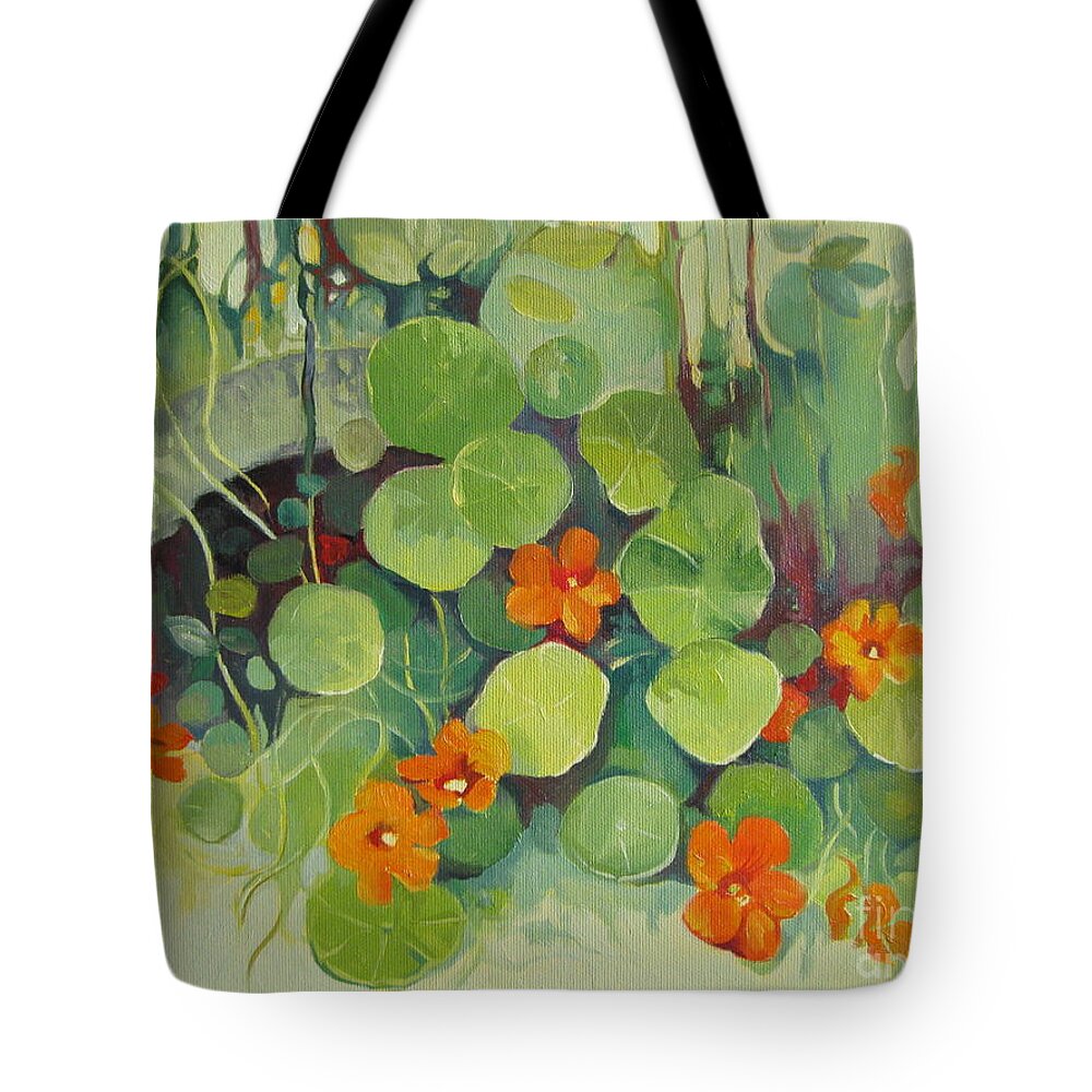 Nasturtiums Tote Bag featuring the painting Summer in the garden by Elena Oleniuc