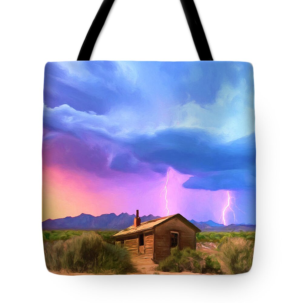 Desert Tote Bag featuring the painting Summer Lightning by Dominic Piperata