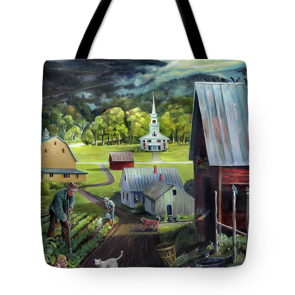 Barn Tote Bag featuring the painting Summer on the Back Road in Vermont by Nancy Griswold