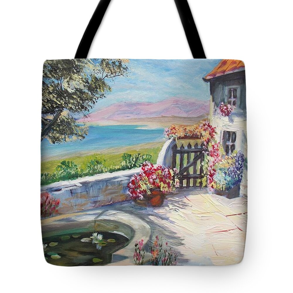 Landscape Tote Bag featuring the painting Summer patio by Elena Sokolova