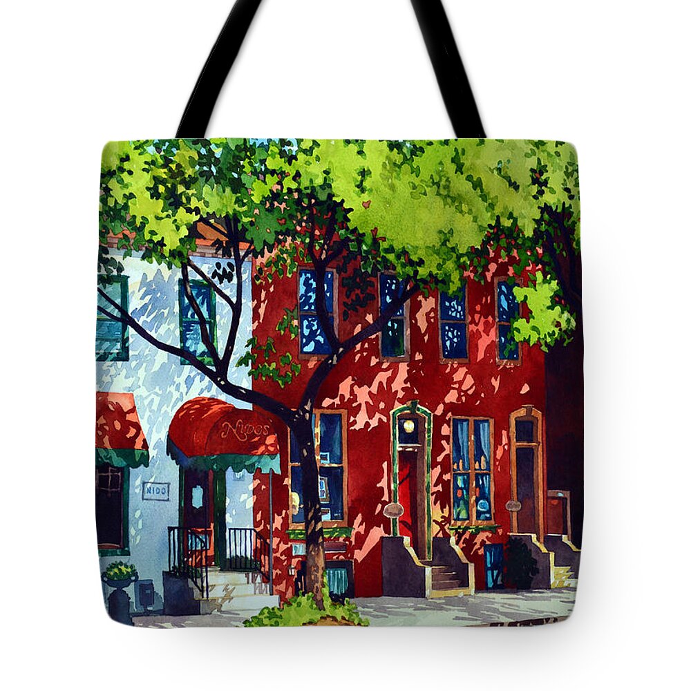 #watercolor #landscape #cityscape #streetscene #shadows #summer #painting #frederick #frederickmd Tote Bag featuring the painting Summer Shadows by Mick Williams