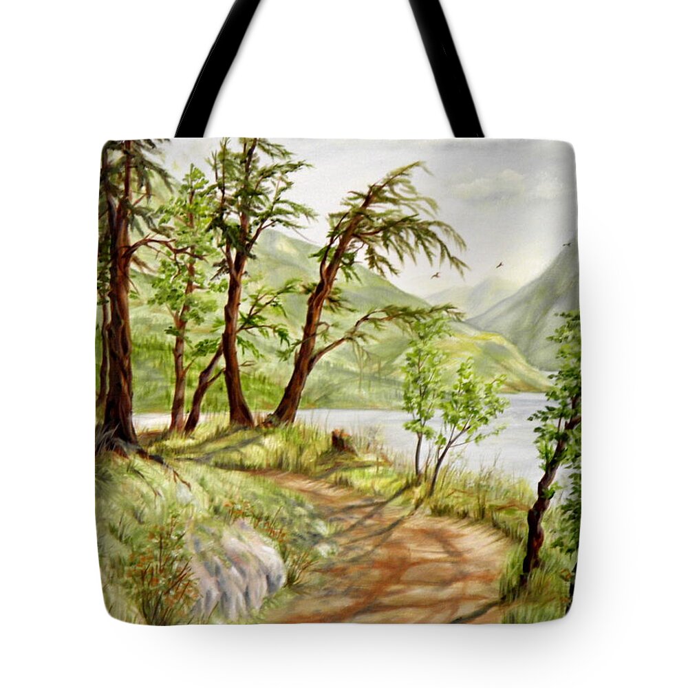 Trees Water Inlet Bay Landscape Rocks Hill Road Path Light Shadows Forest Mountains Clouds Sky Birds Bushes Grasses Branches Stump Logs Leaves Fir Evergreen Sunlight White Blue Green Brown Yellow Orange View Summer Tote Bag featuring the painting Summer Walk by Ida Eriksen