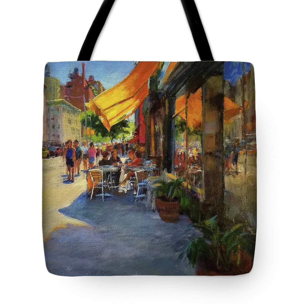 New York Tote Bag featuring the painting Sun and Shade on Amsterdam Avenue by Peter Salwen