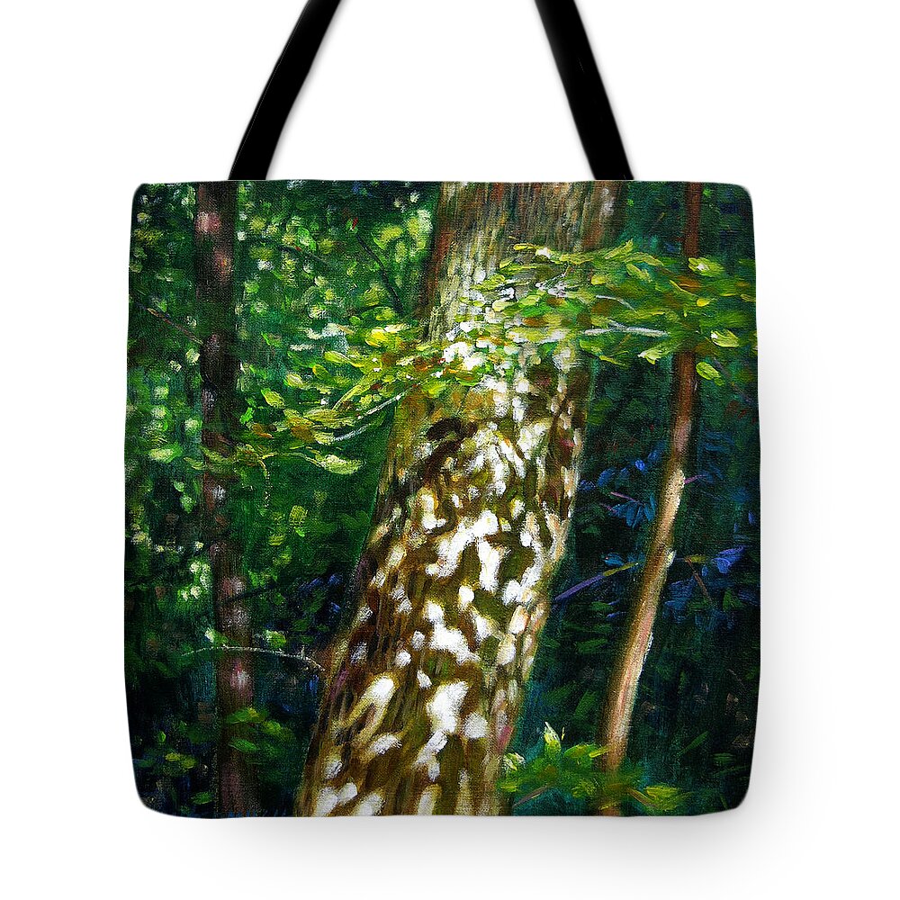 Tree Tote Bag featuring the painting Sun and Shadow Patterns by John Lautermilch