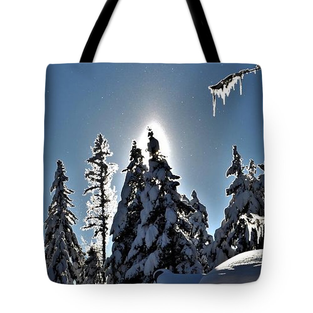 Sun Corona Of Winter Scene Tote Bag featuring the photograph Sun and Snow by Mike Helland