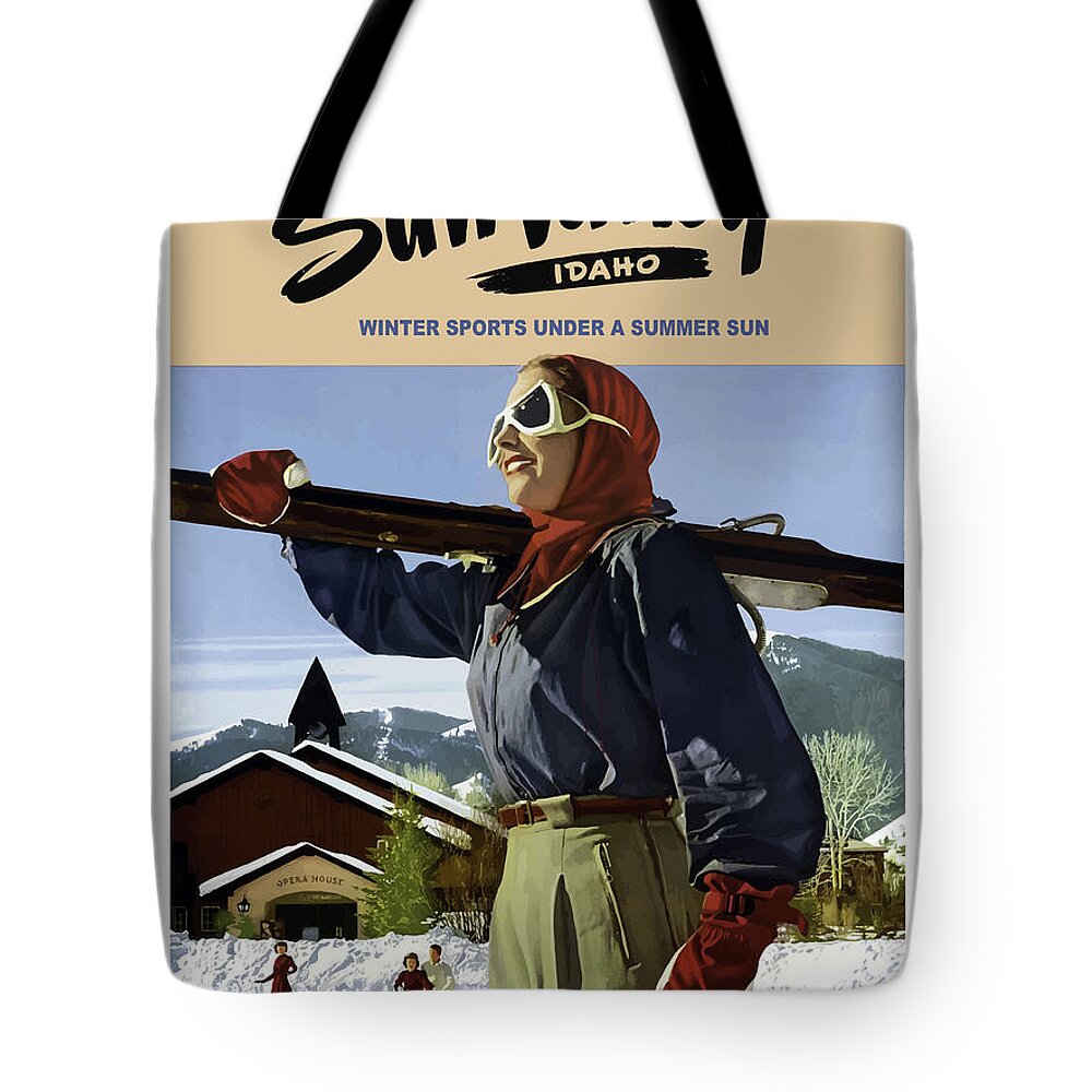 Sun Valley Tote Bag featuring the painting Sun Valley, Idaho, woman with ski by Long Shot
