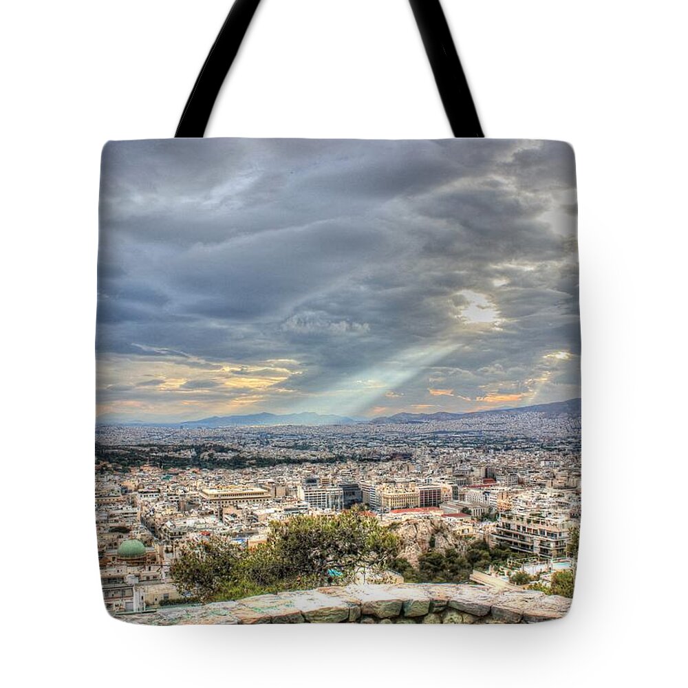 Sunbeams Tote Bag featuring the photograph Sunbeams over the City in HDR by Vicki Spindler