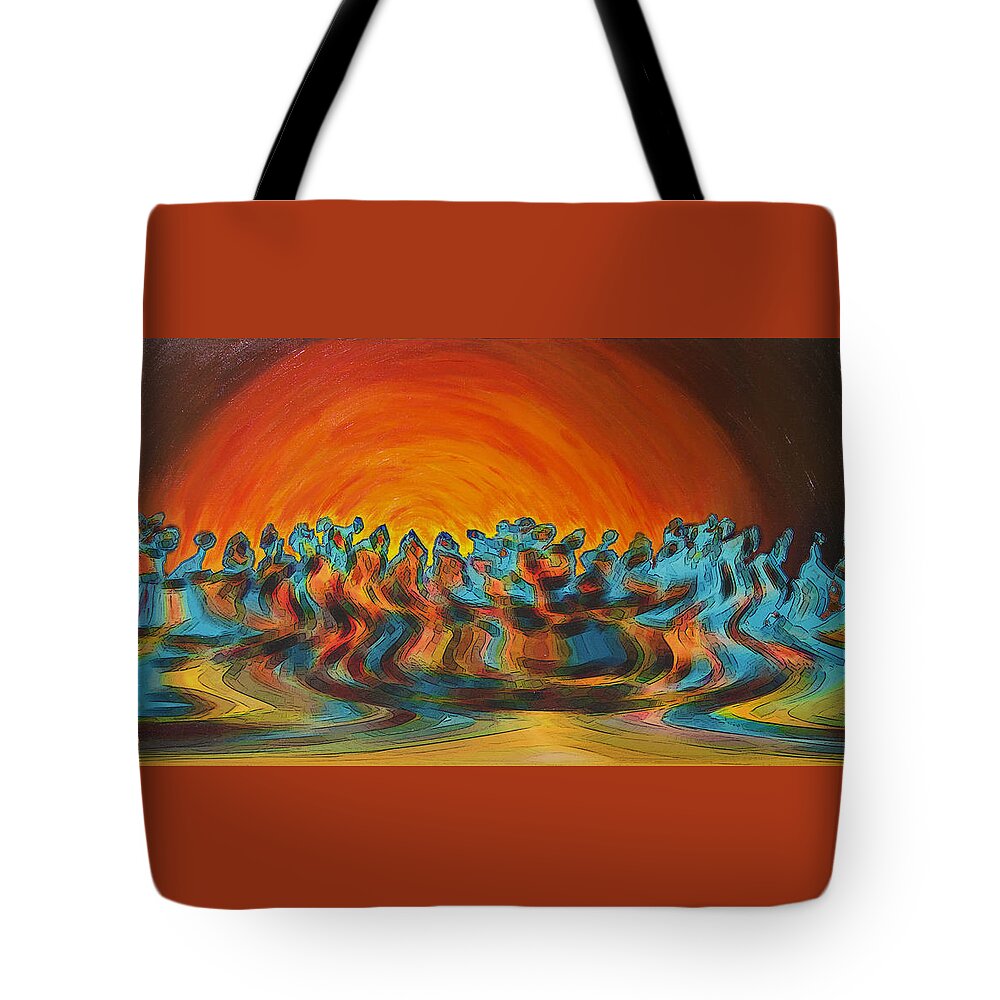 Figurative Abstract Tote Bag featuring the mixed media Sundance by Ben and Raisa Gertsberg