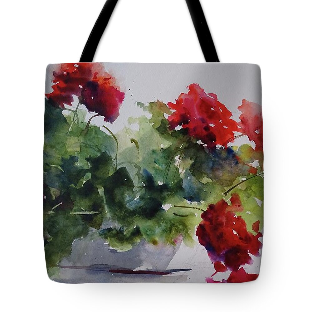 Geraniums Tote Bag featuring the painting Sunday Morning Geraniums by Sandra Strohschein