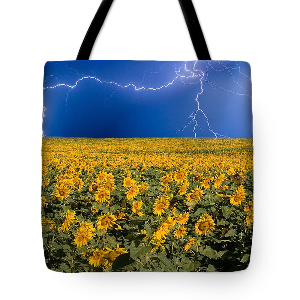 Sunflowers Tote Bag featuring the photograph Sunflower Lightning Field by James BO Insogna