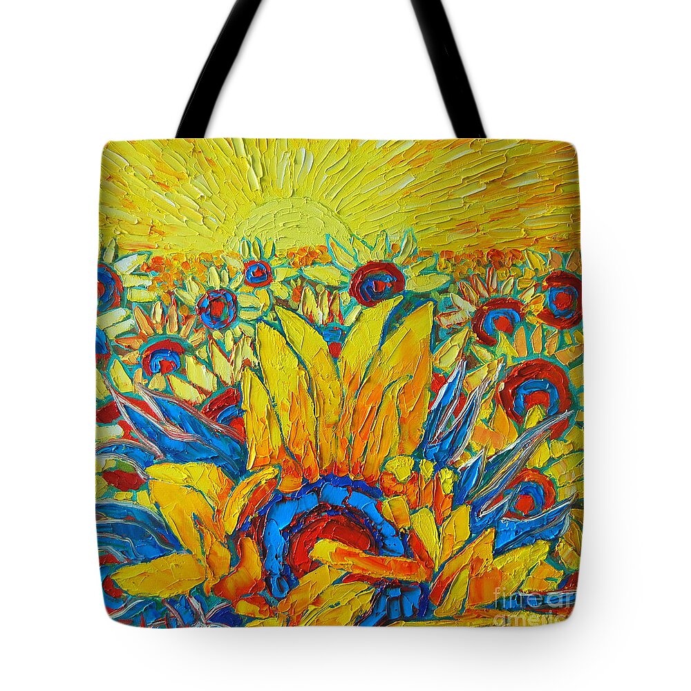 Sunflowers Tote Bag featuring the painting Sunflowers Field In Sunrise Light by Ana Maria Edulescu