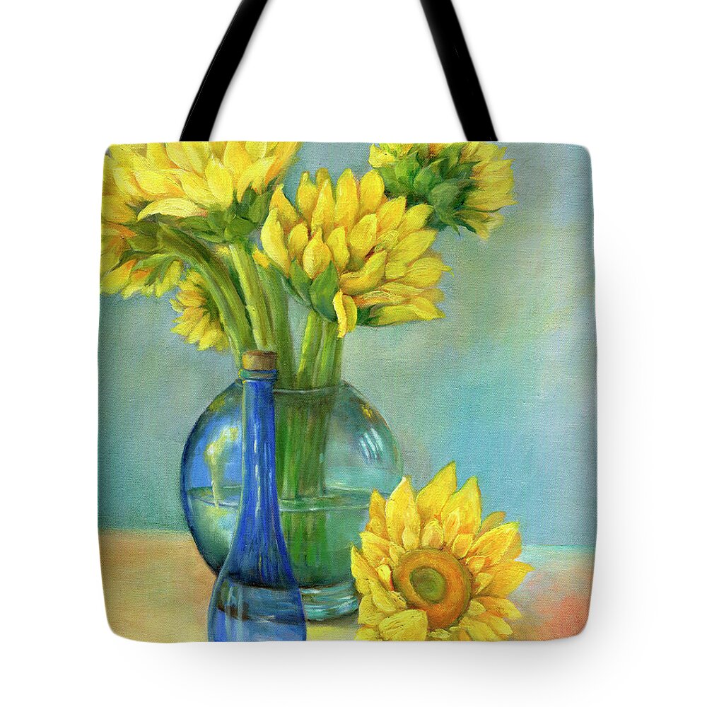 Still Life Tote Bag featuring the painting Sunflowers in a Glass Vase Number Two by Marlene Book