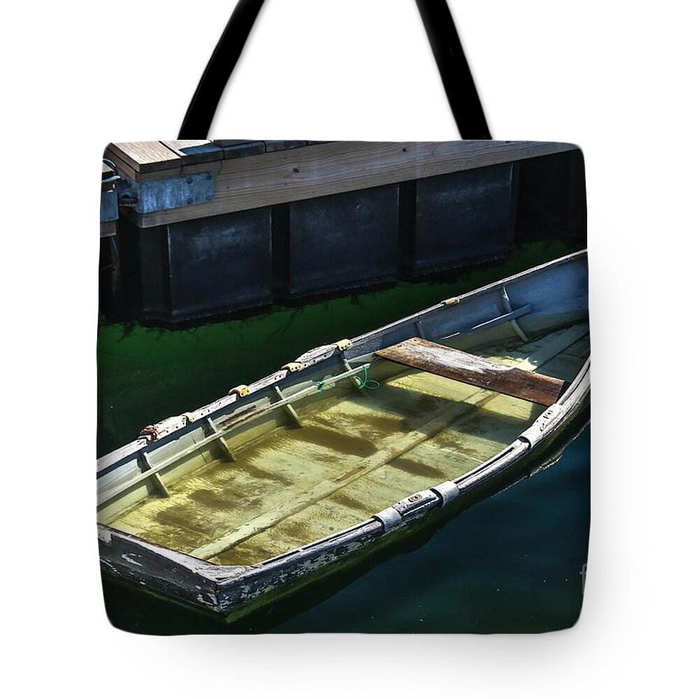 Rockport Maine Tote Bag featuring the photograph Sunken Skiff by Steve Brown
