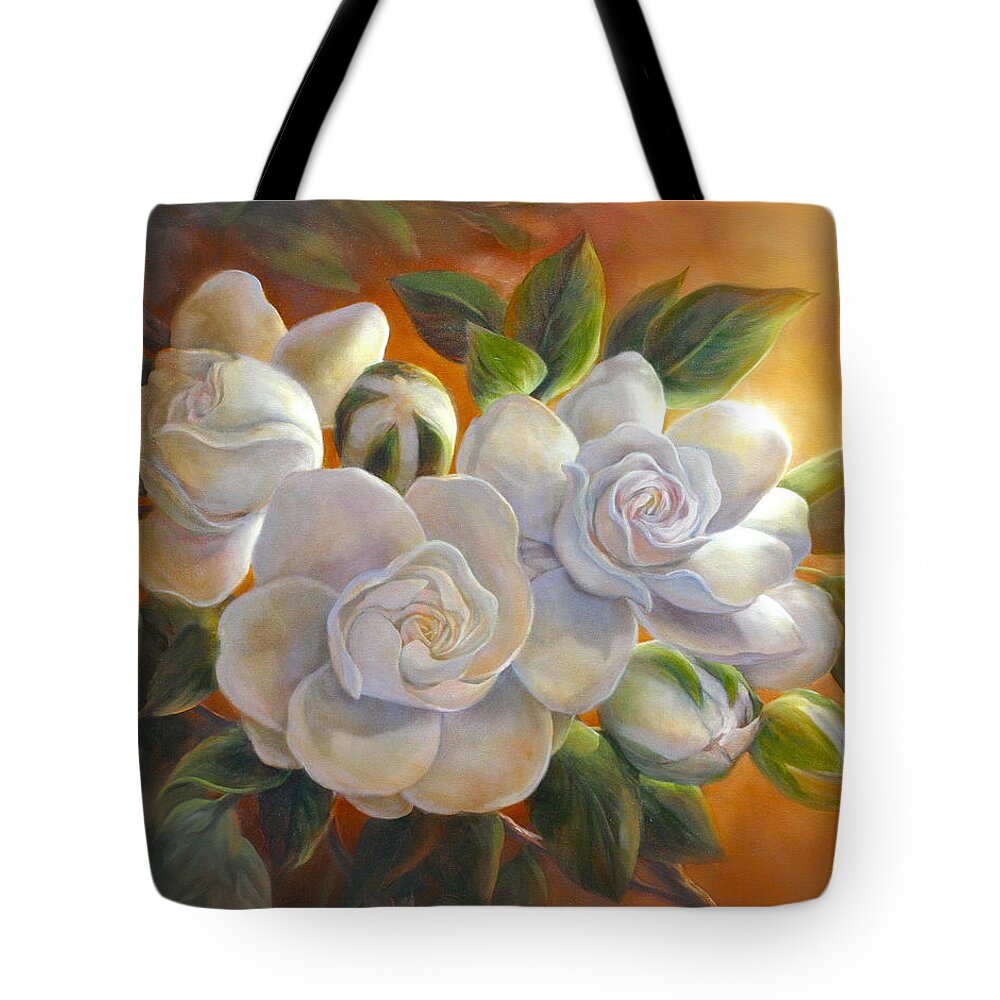 White Gardenia Tote Bag featuring the painting Sunkissed Gardenia by Lynne Pittard