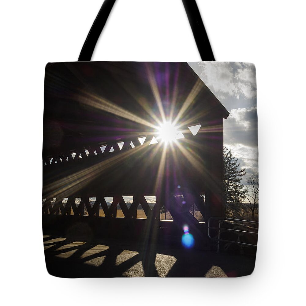 Adams Tote Bag featuring the photograph Sunlight through Sachs Covered Bridge by Marianne Campolongo