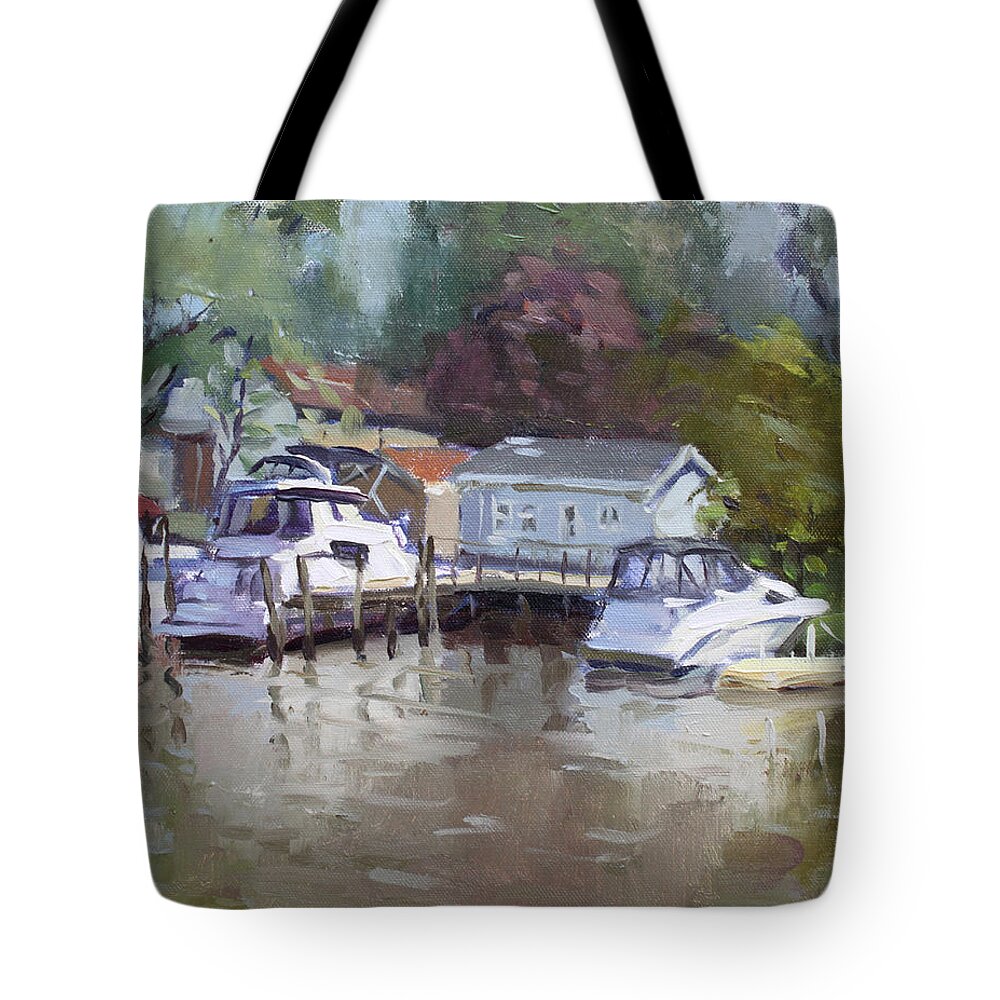 Sunny Day Tote Bag featuring the painting Sunny Sunday at the Canal by Ylli Haruni