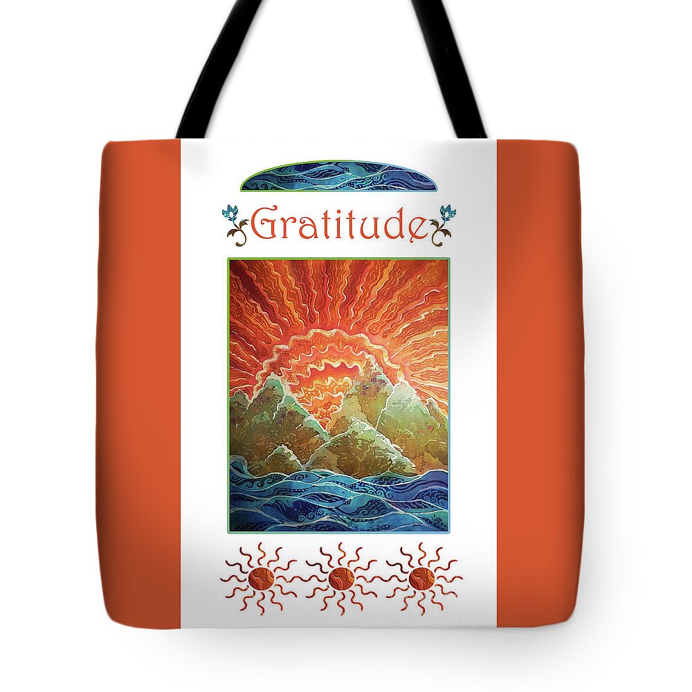Sunrise Tote Bag featuring the mixed media Sunrays - Gratitude by Sue Duda