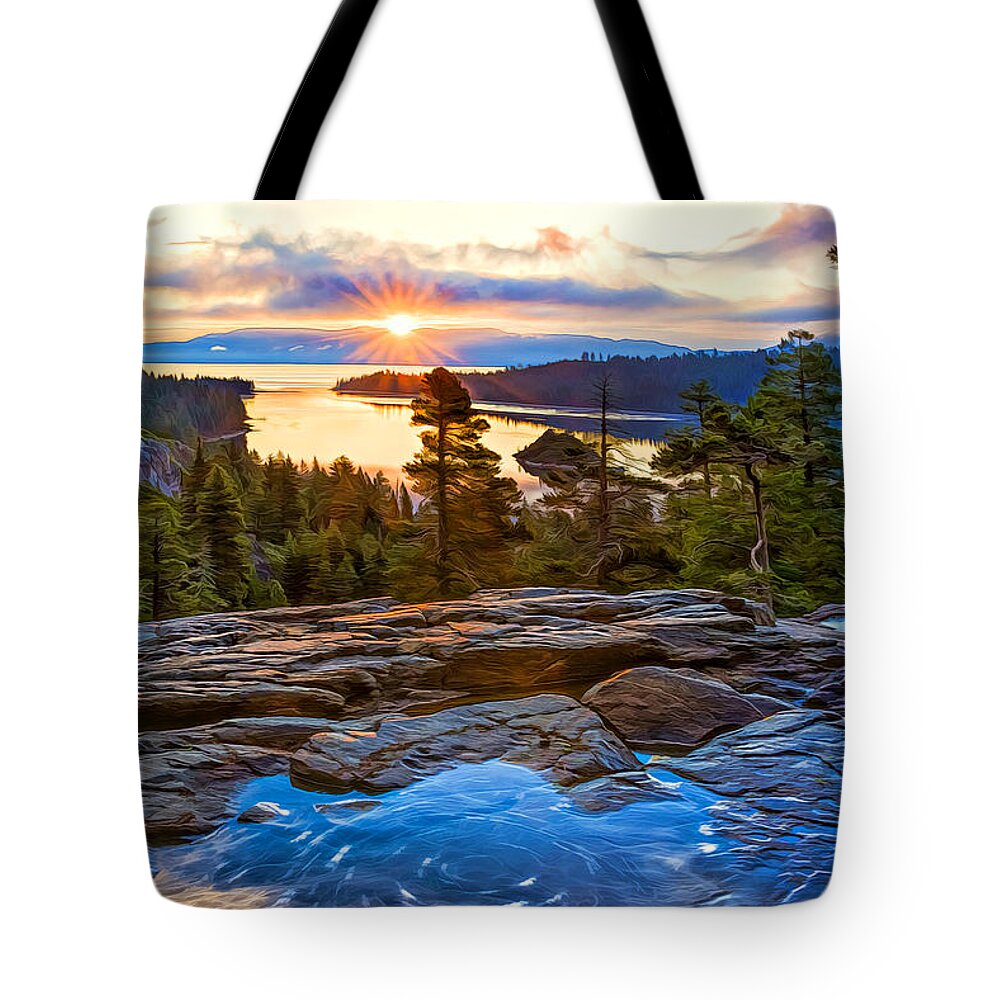 Bay Tote Bag featuring the photograph Sunrise at Emerald Bay by Maria Coulson