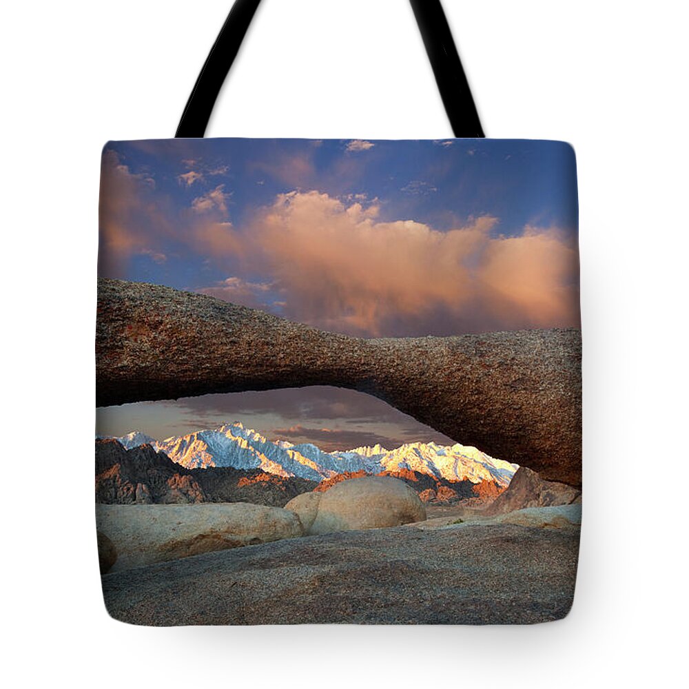 Landscape Photography Tote Bag featuring the photograph Sunrise at Lathe Arch by Keith Kapple