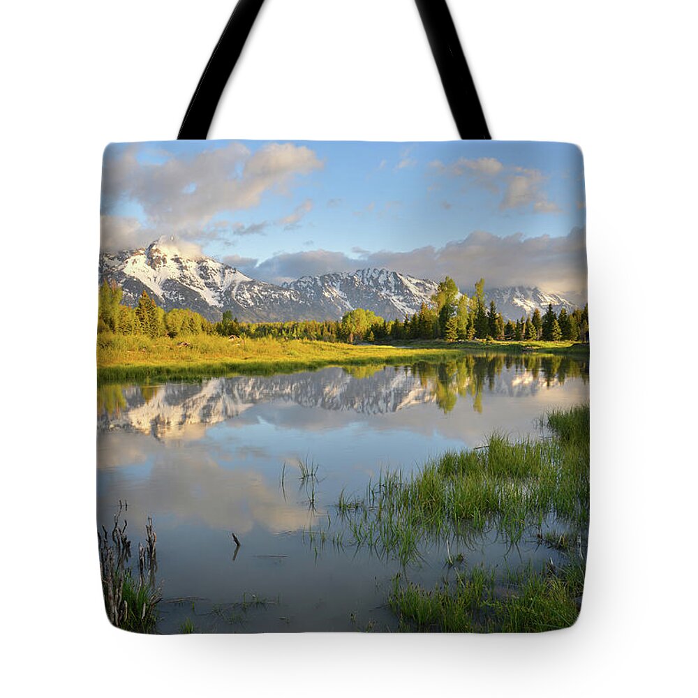 Grand Teton National Park Tote Bag featuring the photograph Sunrise at Schwabacher Landing by Ray Mathis