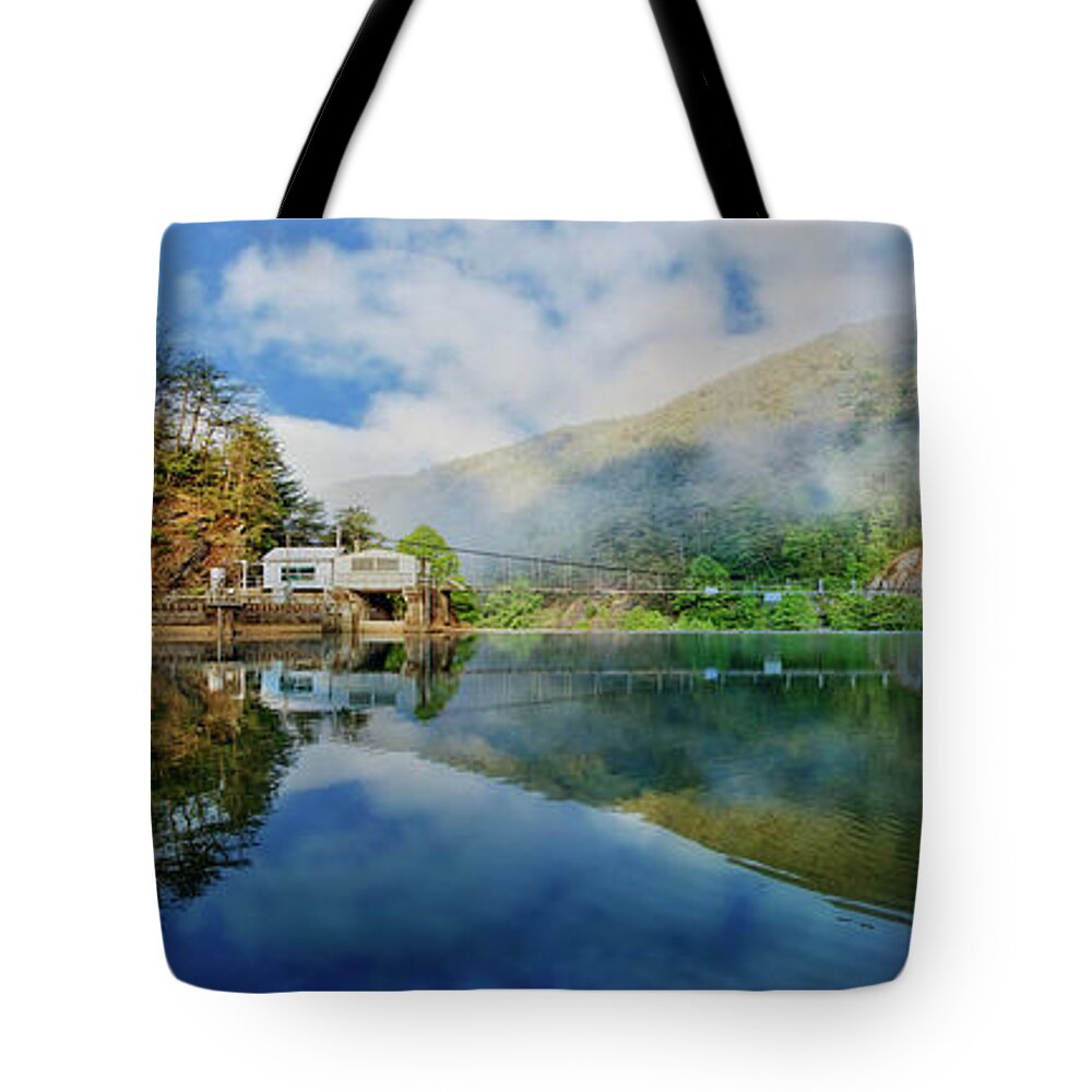 Appalachia Tote Bag featuring the photograph Sunrise at the Dam Panorama by Debra and Dave Vanderlaan