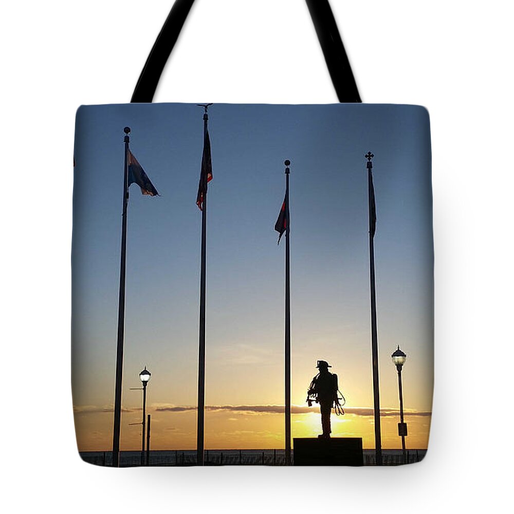 Sunrise Tote Bag featuring the photograph Sunrise at the Firefighters Memorial by Robert Banach