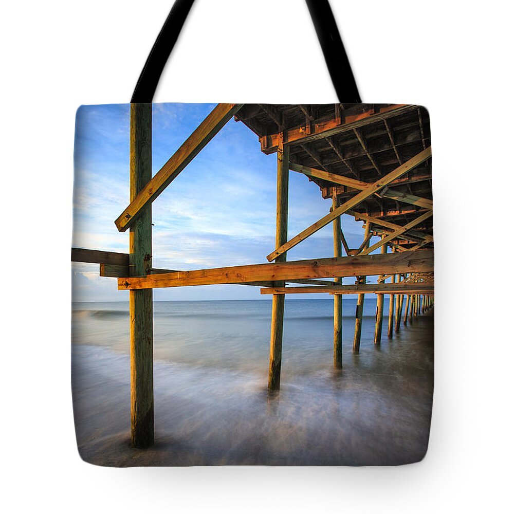 Oak Island Tote Bag featuring the photograph Sunrise at the Oak Island Pier by Nick Noble