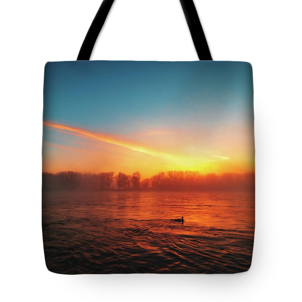 Duck Tote Bag featuring the photograph Sunrise at the Riverside by Marc Braner