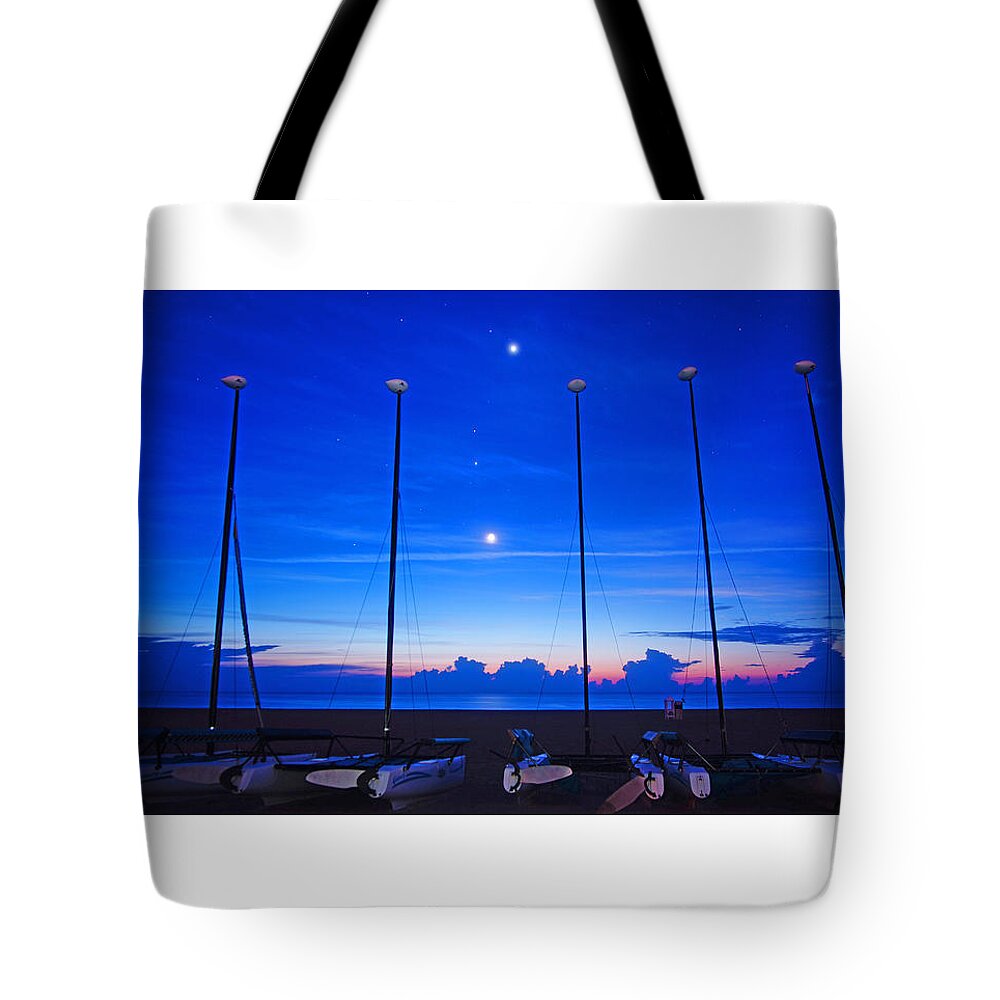 Astronomy Tote Bag featuring the photograph Sunrise Catamarans Moon Planets by Lawrence S Richardson Jr