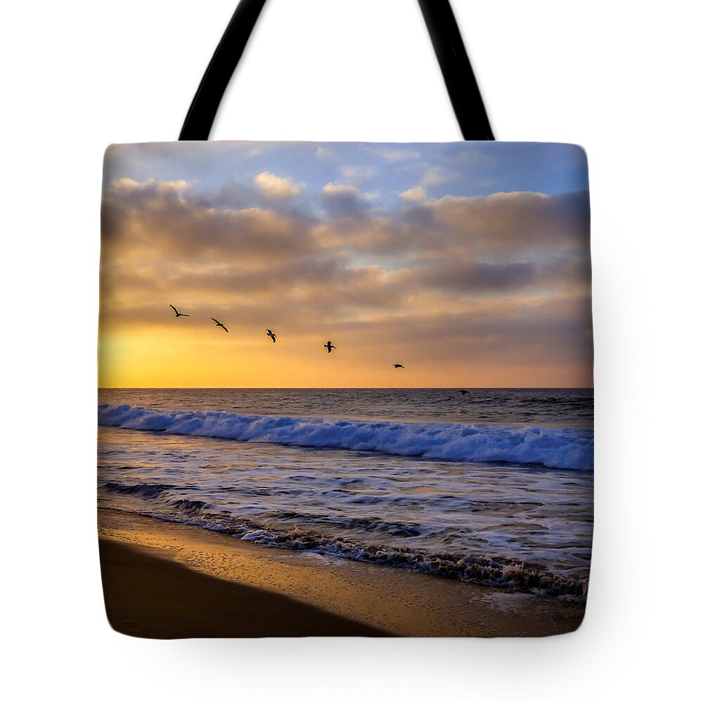 Newport Beach Tote Bag featuring the photograph Sunrise Flight by Pamela Newcomb