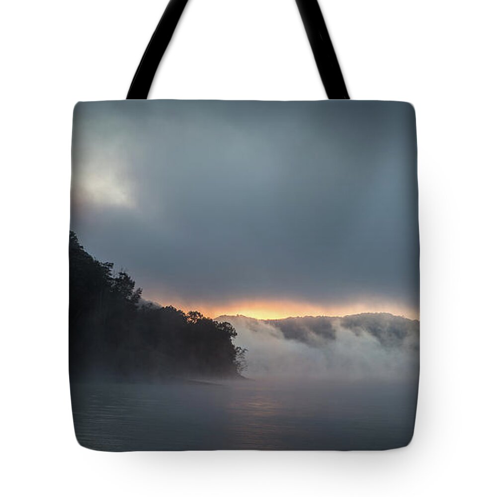 Fog Tote Bag featuring the photograph Sunrise In The Blue Mist by Randall Evans
