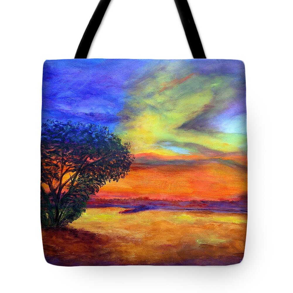Landscape Tote Bag featuring the painting Sunrise in the Fields by Deborah Naves