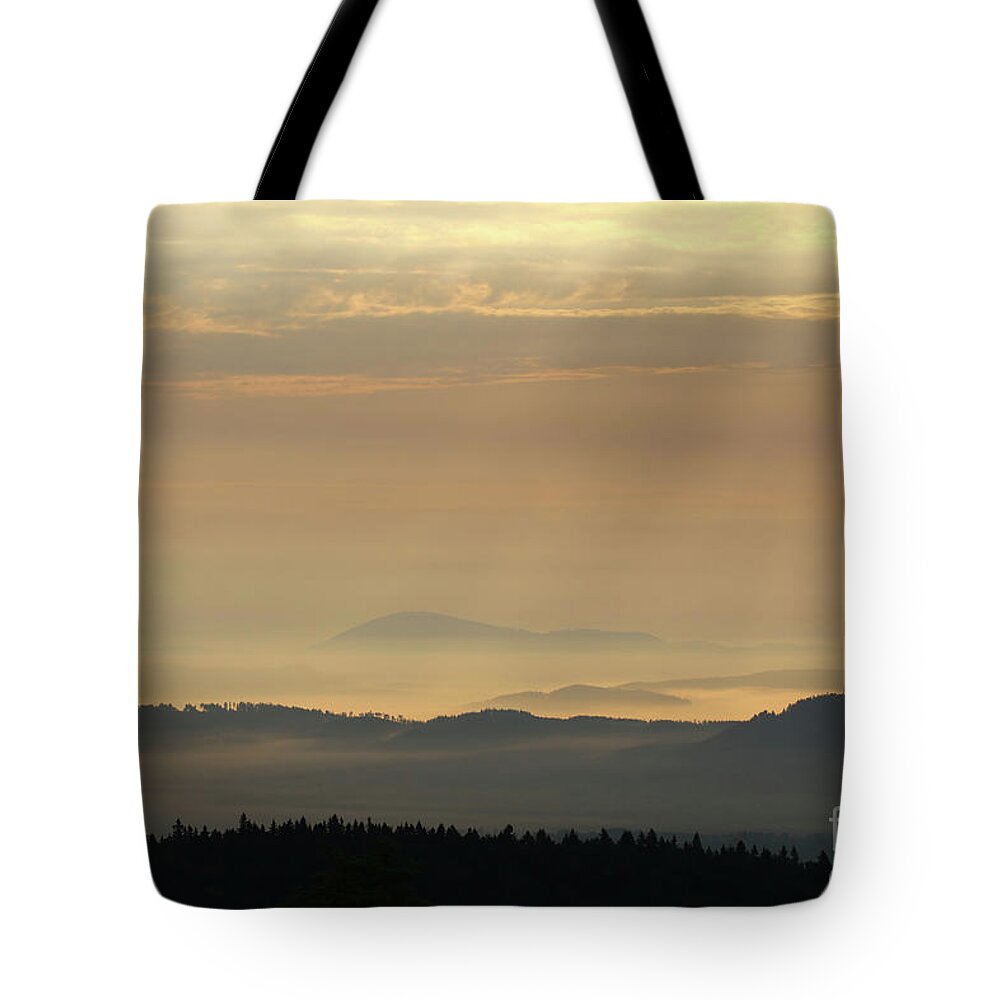 Mountains Tote Bag featuring the photograph Sunrise in the mountains - hills in morning mist by Michal Boubin
