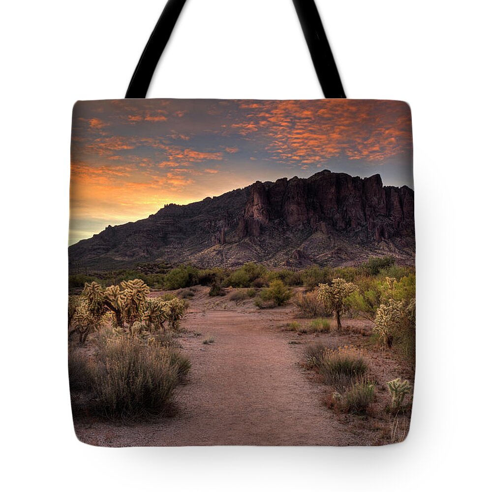 Superstitions Tote Bag featuring the photograph Sunrise in the Superstitions by Sue Cullumber