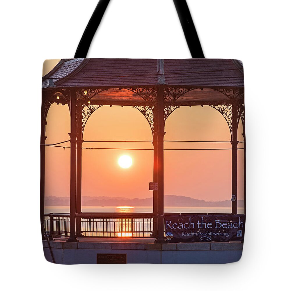 Revere Tote Bag featuring the photograph Sunrise on the Revere Beach Bandstand Revere MA by Toby McGuire