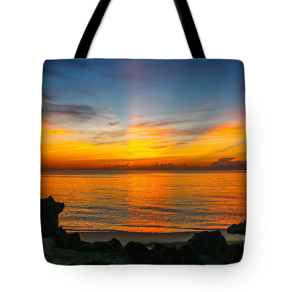 Sun Tote Bag featuring the photograph Sunrise on the Rocks by Tom Claud