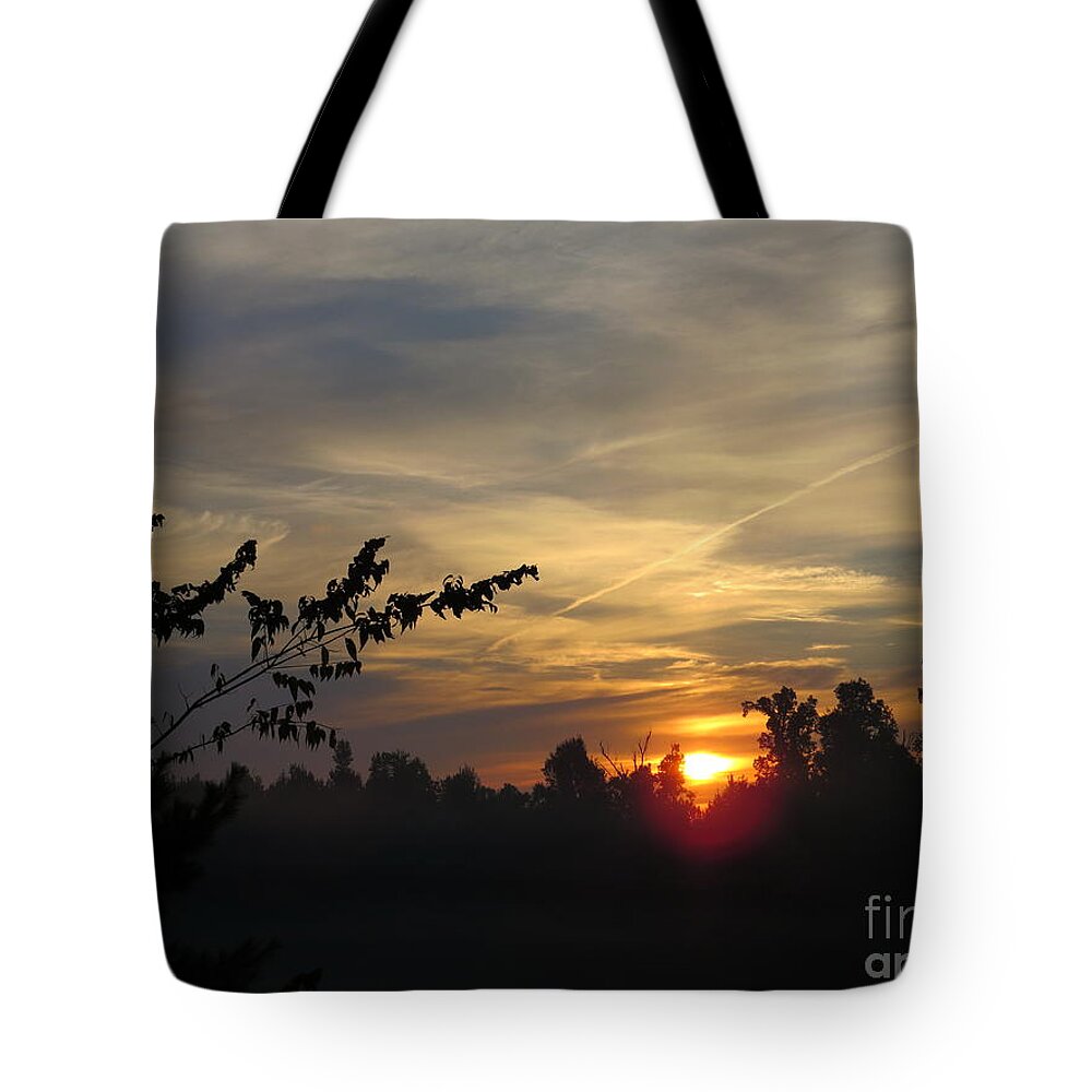 Sun Sunrise Tree Trees Over Lake Farm Craig Walters The A An Sky Dawn Twilight Crepuscule Tote Bag featuring the photograph Sunrise Over the Trees by Craig Walters