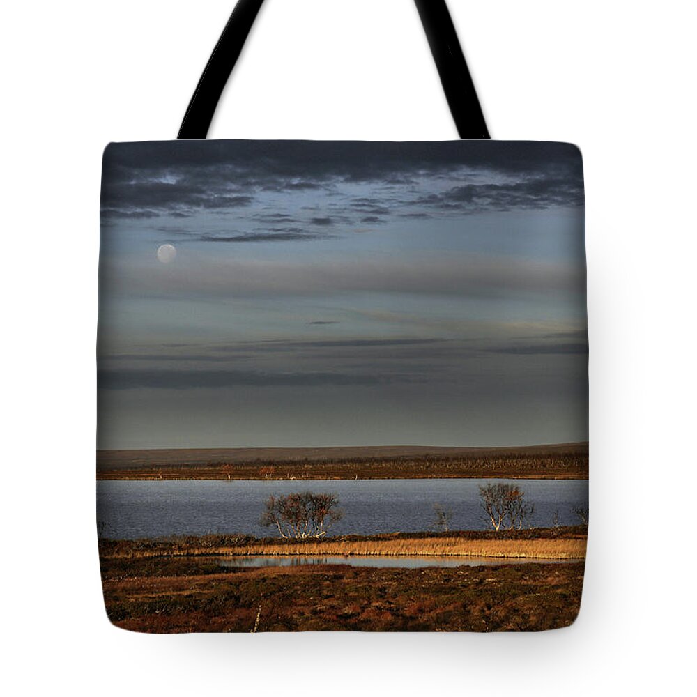 Landscape Tote Bag featuring the photograph Sunrise, Paling Moon by Pekka Sammallahti