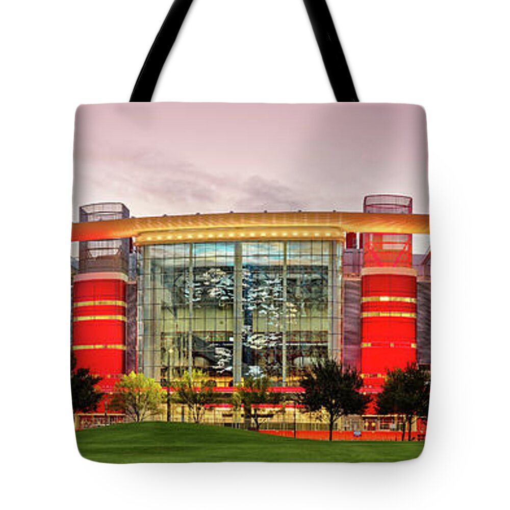 Downtown Tote Bag featuring the photograph Sunrise Panorama of George R Brown Convention Center in Downtown Houston - Texas by Silvio Ligutti