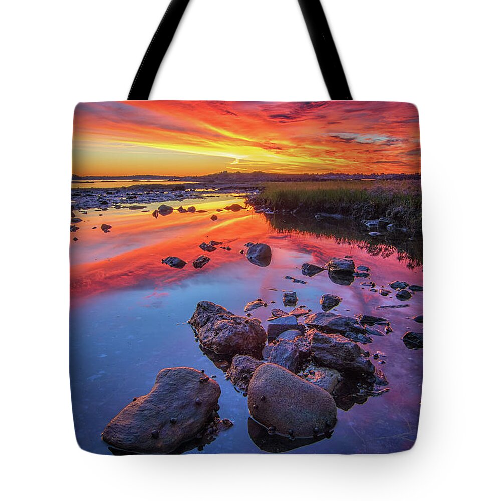 Harpswell Maine Tote Bag featuring the photograph Sunrise Reflections in Harpswell by Kristen Wilkinson
