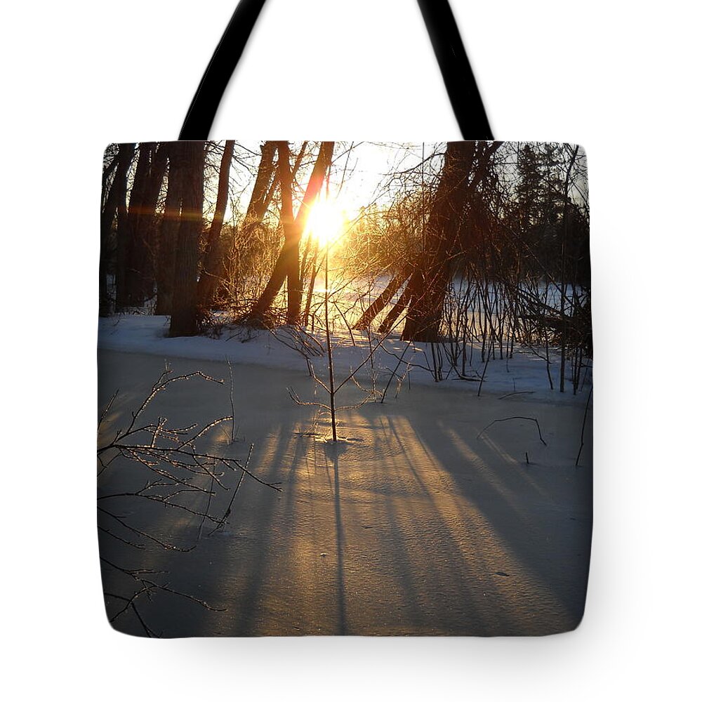 Sunrise Tote Bag featuring the photograph Sunrise Shadows on Ice by Kent Lorentzen