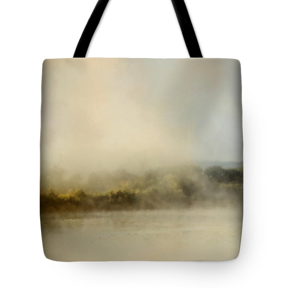 Jai Johnson Tote Bag featuring the painting Sunrise Through The Fog by Jai Johnson