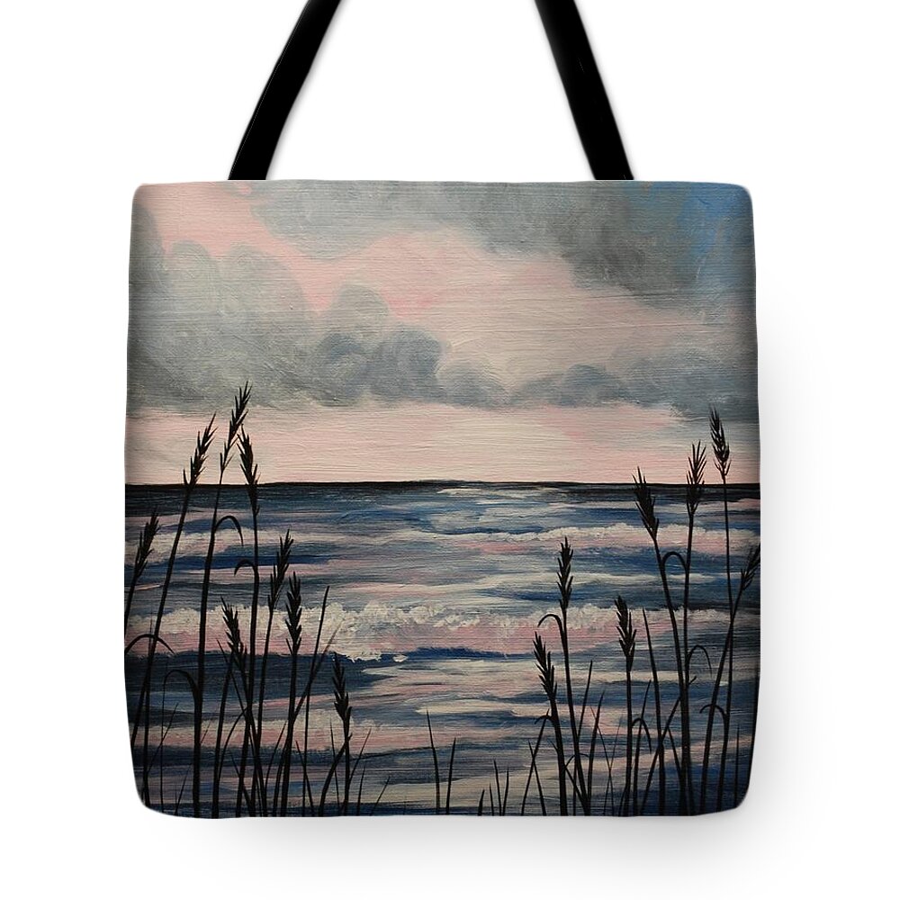 Sunrise Tote Bag featuring the painting Sunrise Through the Reeds by Emily Page