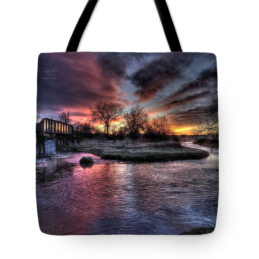 Railroad Tote Bag featuring the photograph Sunrise Trestle #1 by Fiskr Larsen