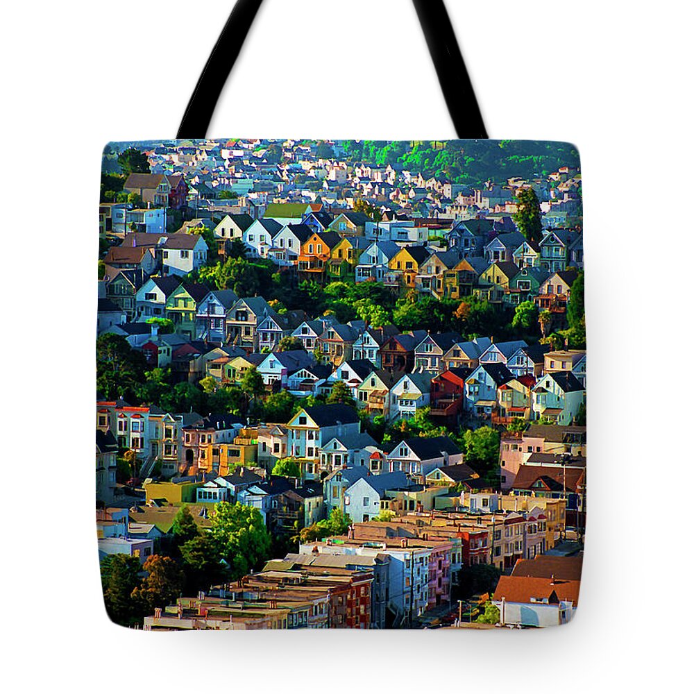 Noe Valley Tote Bag featuring the digital art Sunrise View Noe Valley San Francisco California 1988, Dry Brush Style by Kathy Anselmo
