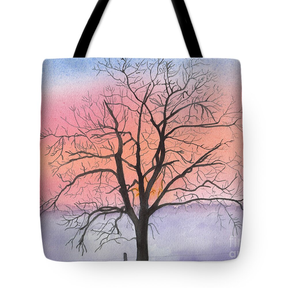 Sunrise Tote Bag featuring the painting Sunrise Walnut Tree 2 watercolor painting by Conni Schaftenaar